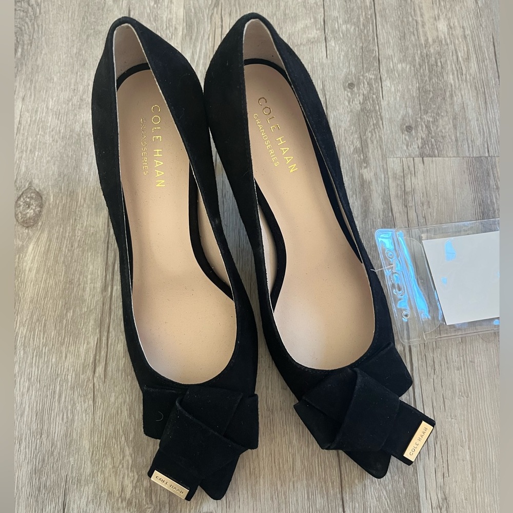 Cole Haan Ophelia Suede Pointed Toe Black 3” Heels with Bow
